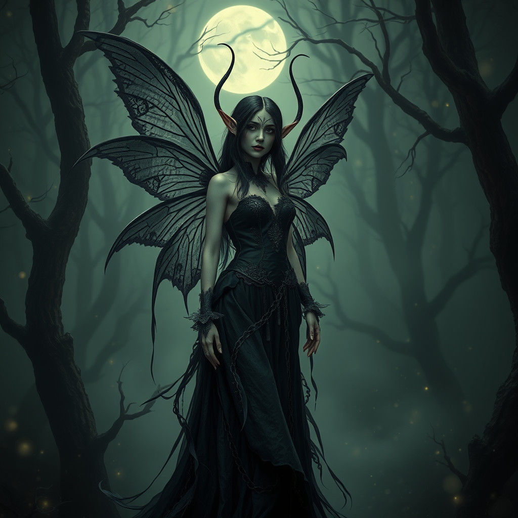 Mystical Dark Fairy Elf in Moonlit Forest