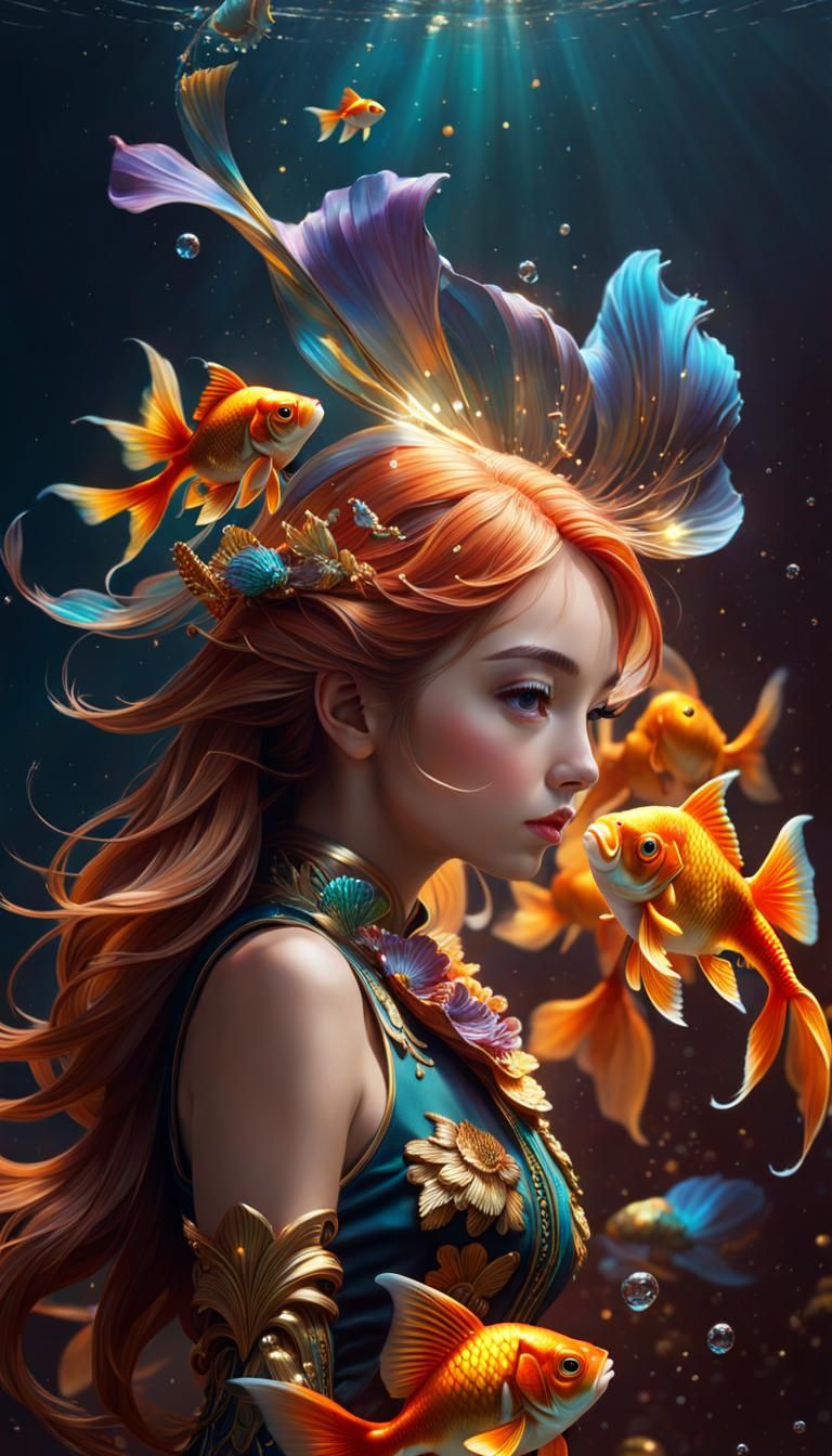Hyperrealistic Goldfish Goddess in Splash Art Style