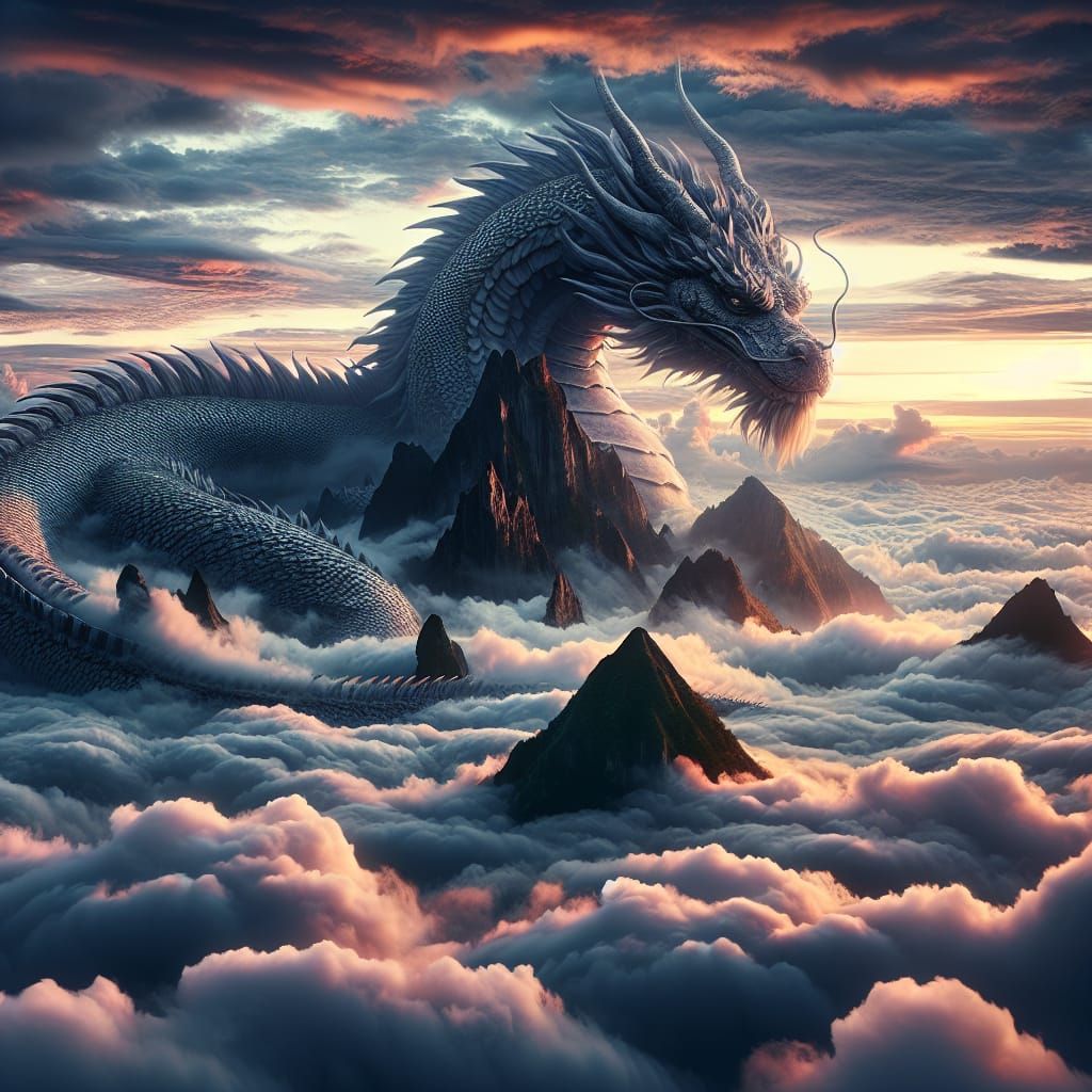 Majestic Dragon Watches Over Mountain at Dawn