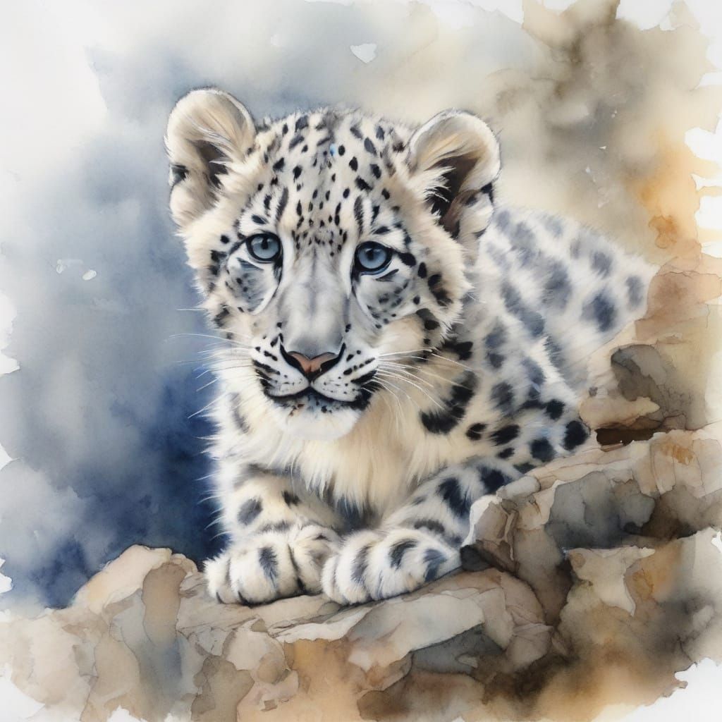 Adorable Snow Leopard Cub on Rocky Ledge in Watercolour Styl...