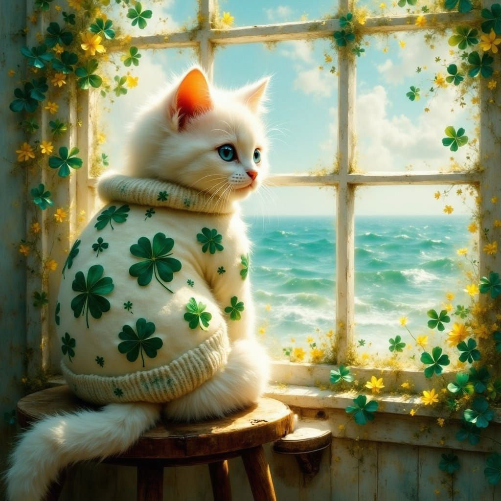 Whimsical Kitten Surrounded by Ocean and Clover