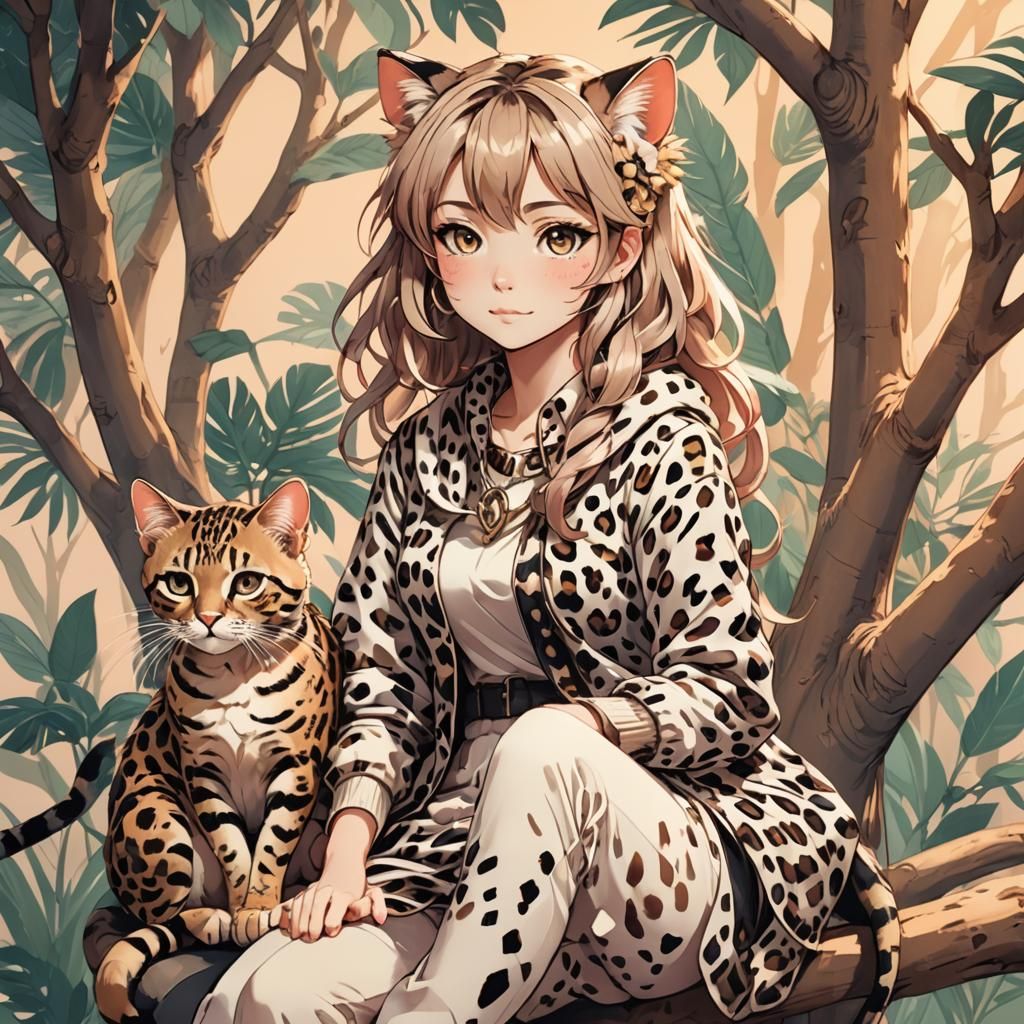 Anime Cat-Girl Portrait with Leopard Companion