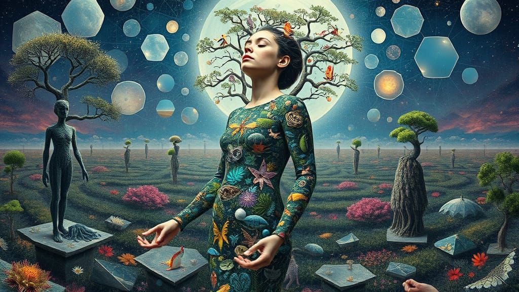 Surreal Bio-Art Landscape Woman with Glowing Ecosystems and ...