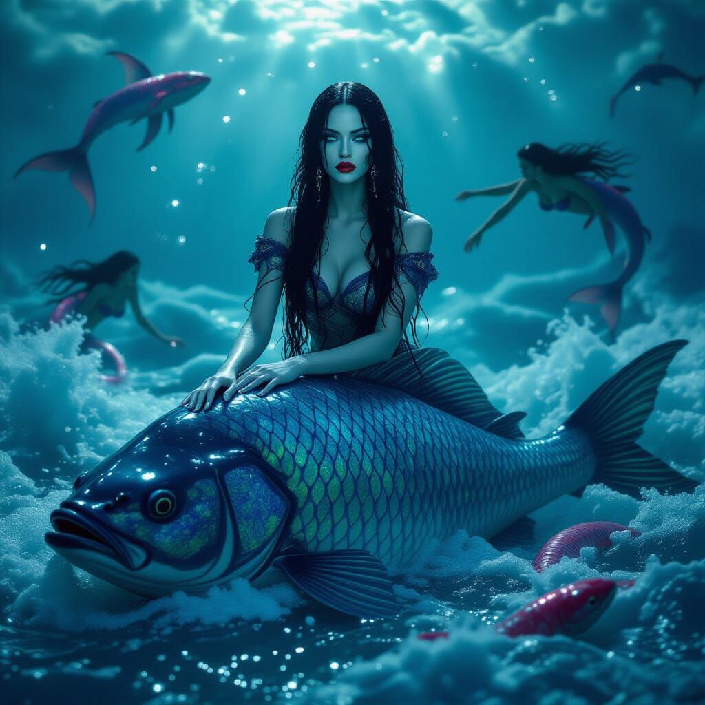 Broken Porcelain Doll Woman on Fish in Stormy Ocean