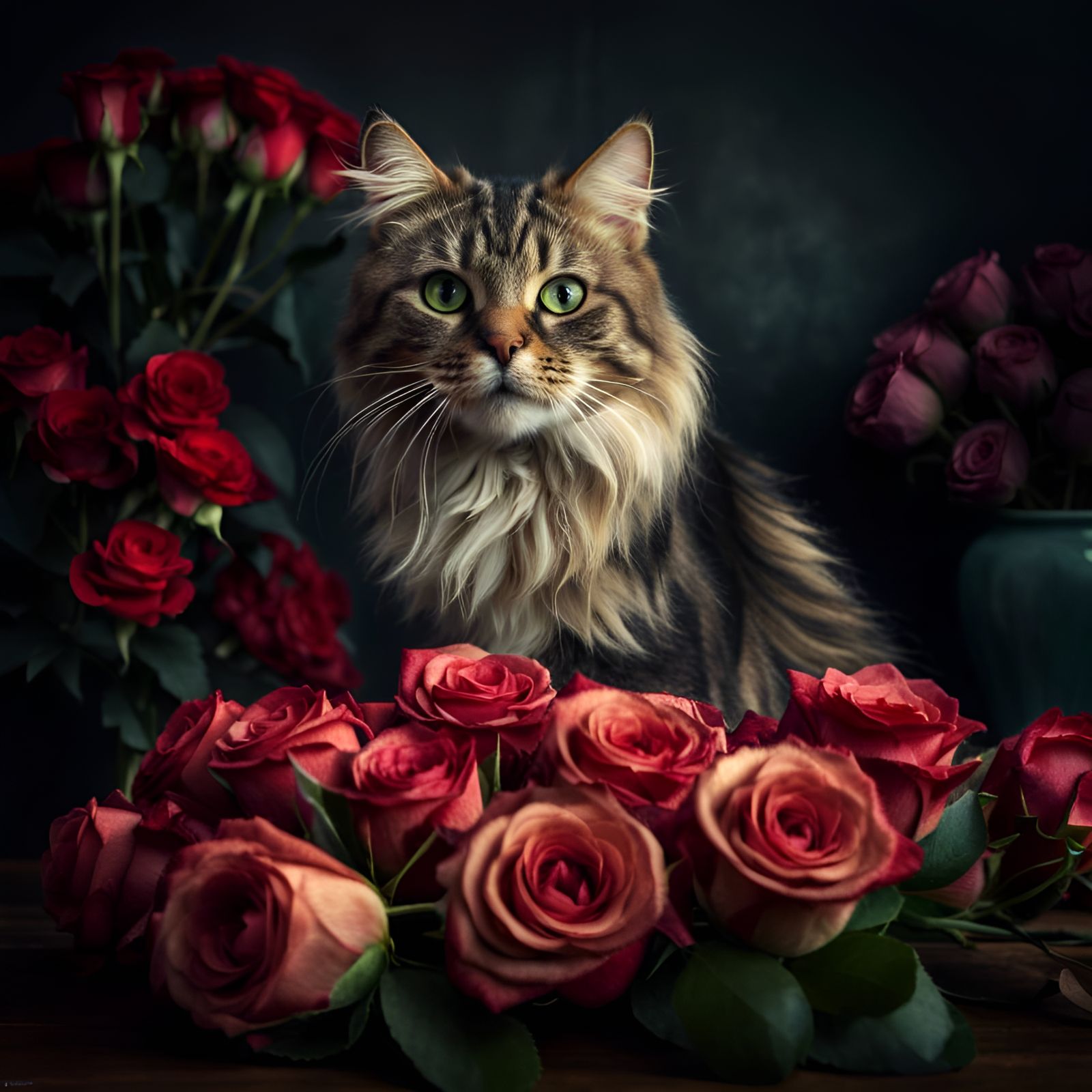 Hyperrealistic Cat Presents Roses Bouquet