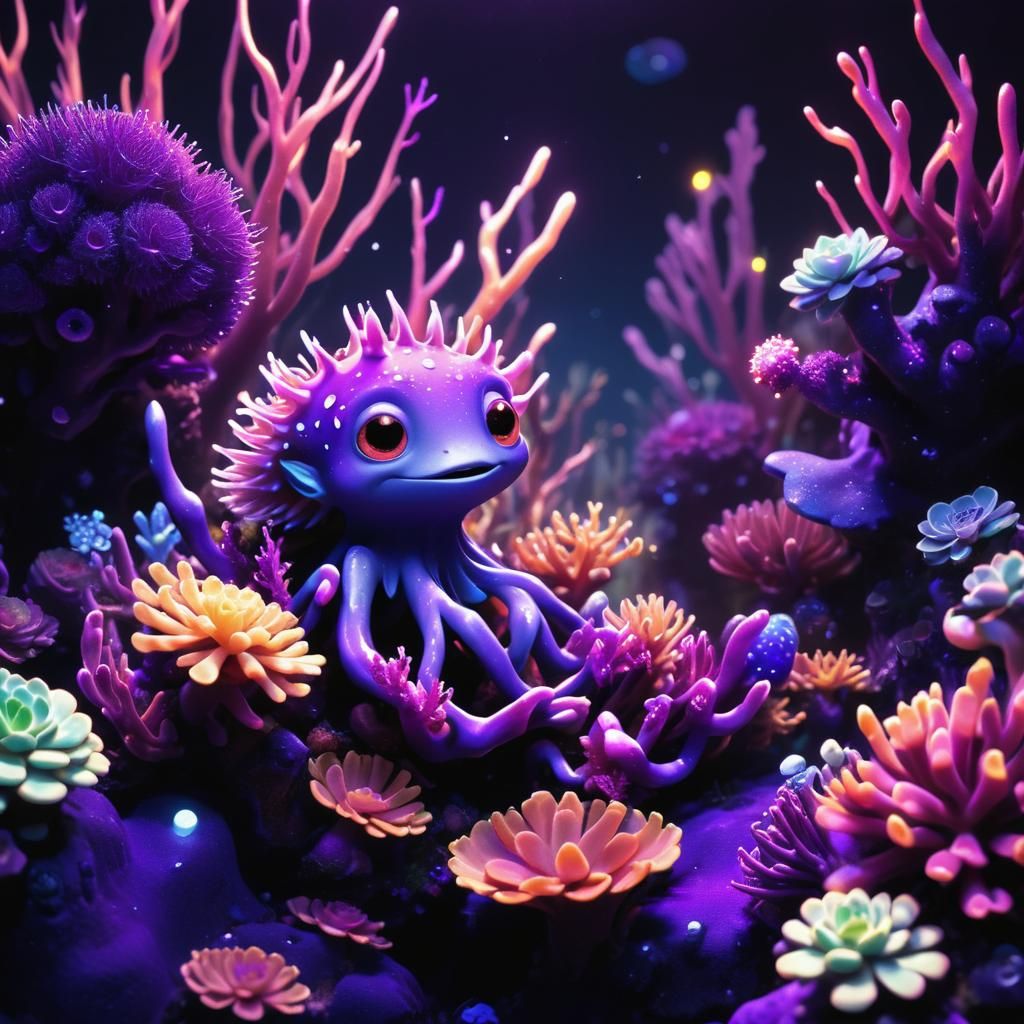Whimsical Purple Creature in Bioluminescent Coral Reef