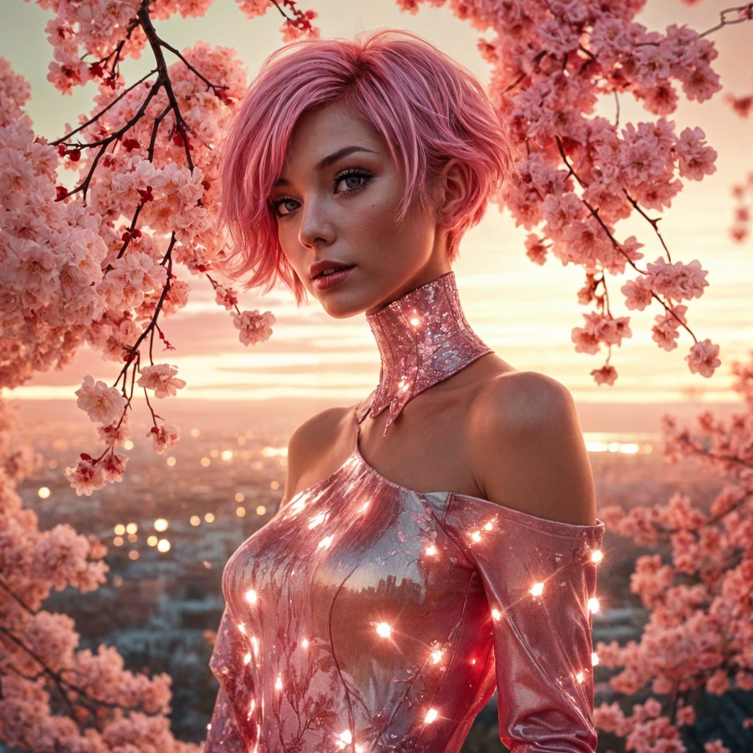 Ethereal Goddess in Cherry Blossom Twilight