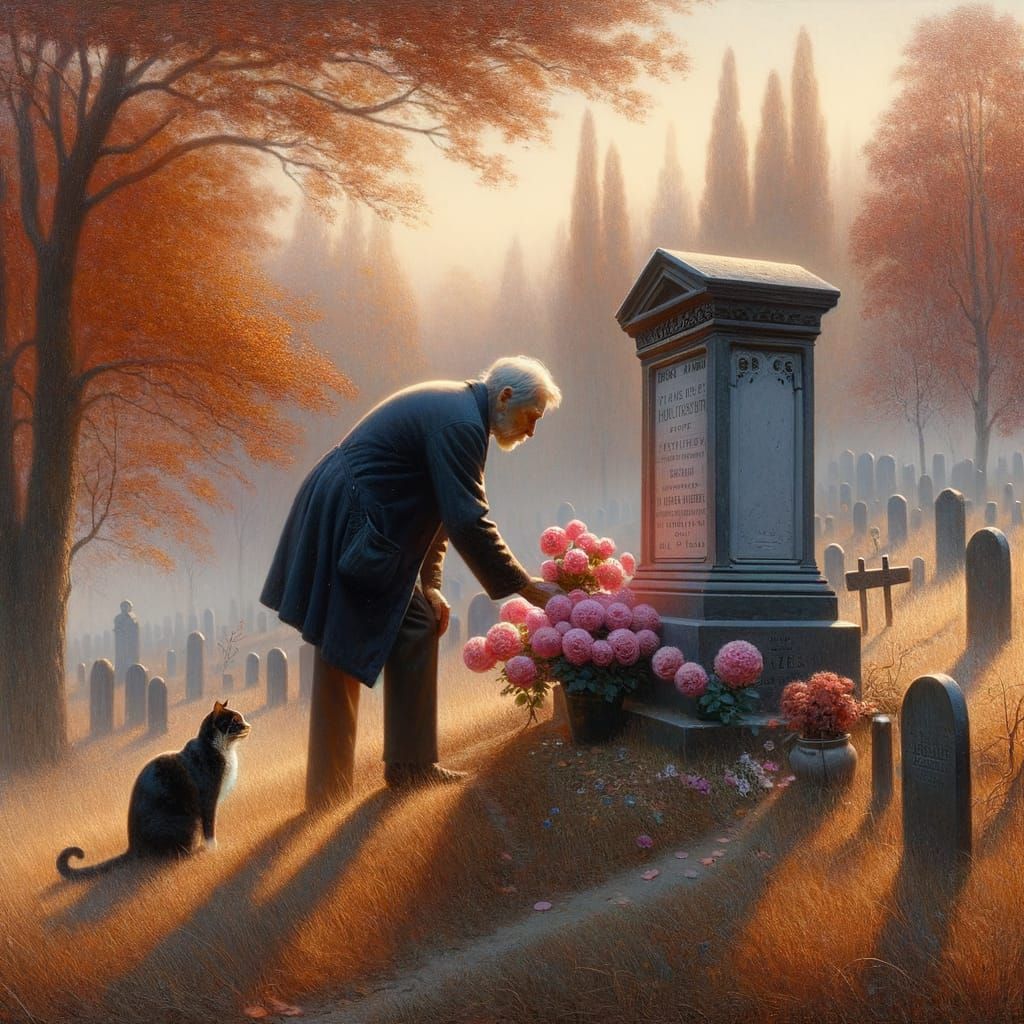Elderly Man Pays Respects: An Oil Painting