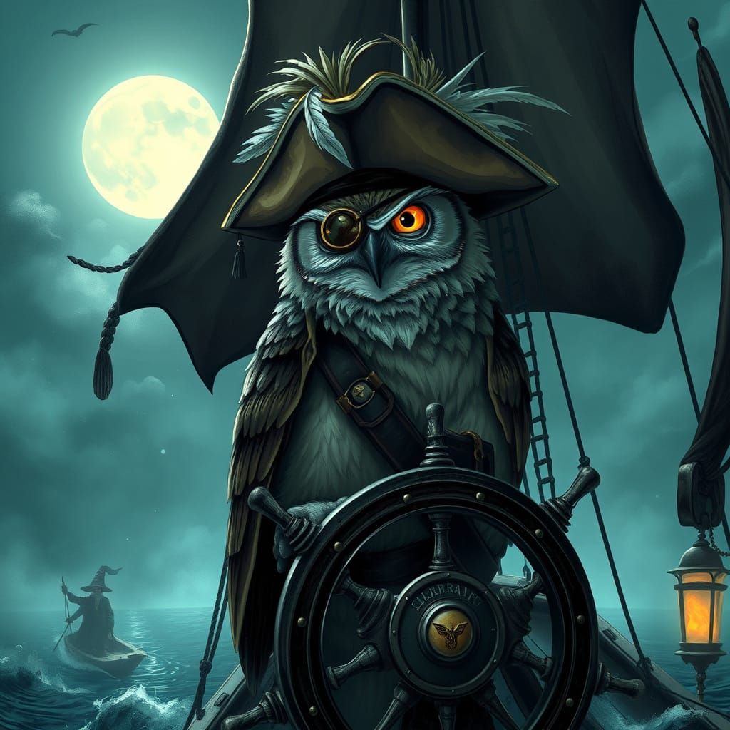 Owl Pirate Captain Guiding Ghost Ship in Dark Fantasy Style