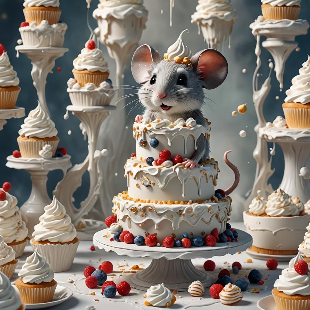 Cute Mouse Creates Whimsical Whipped Cream Cake in Vibrant F...