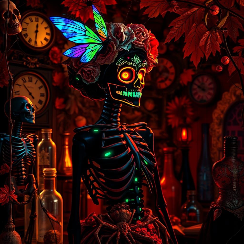 Fluorescent Catrina in Surreal Halloween Dreamscape