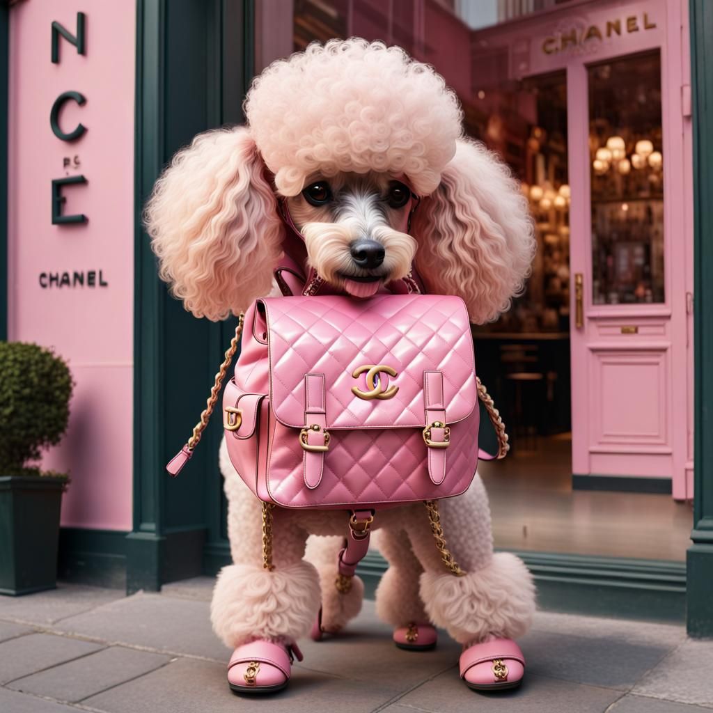 Poodle with Chanel Backpack in Paris, Hyperrealistic