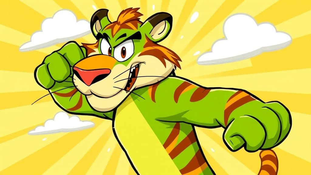 Green Tiger with Orange Stripes in Cartoon Style