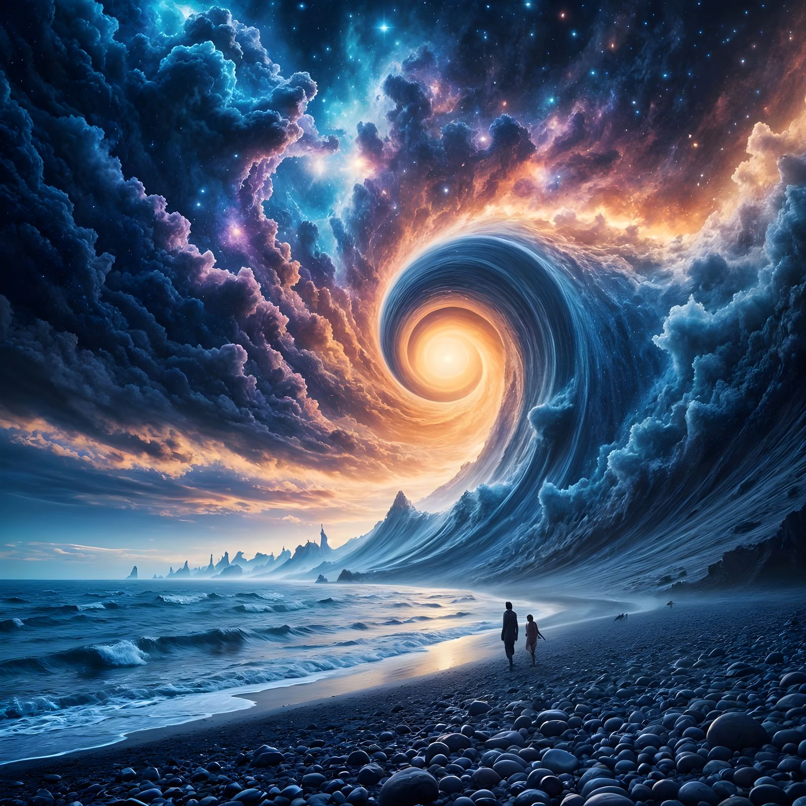 Ethereal Cosmic Beachscape in Vibrant Hues