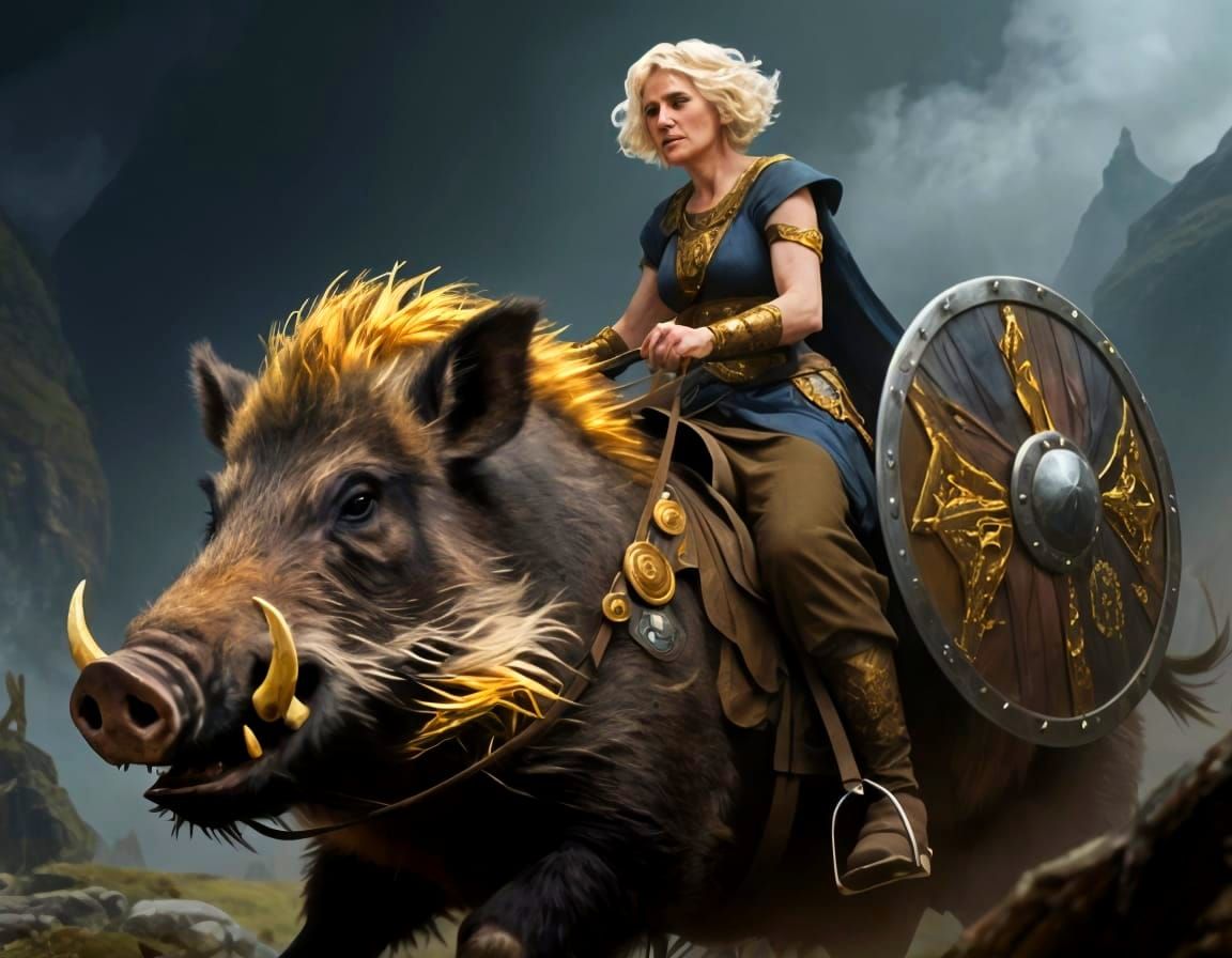 Norse Goddess Freyja Rides Hildisvini in Digital Painting
