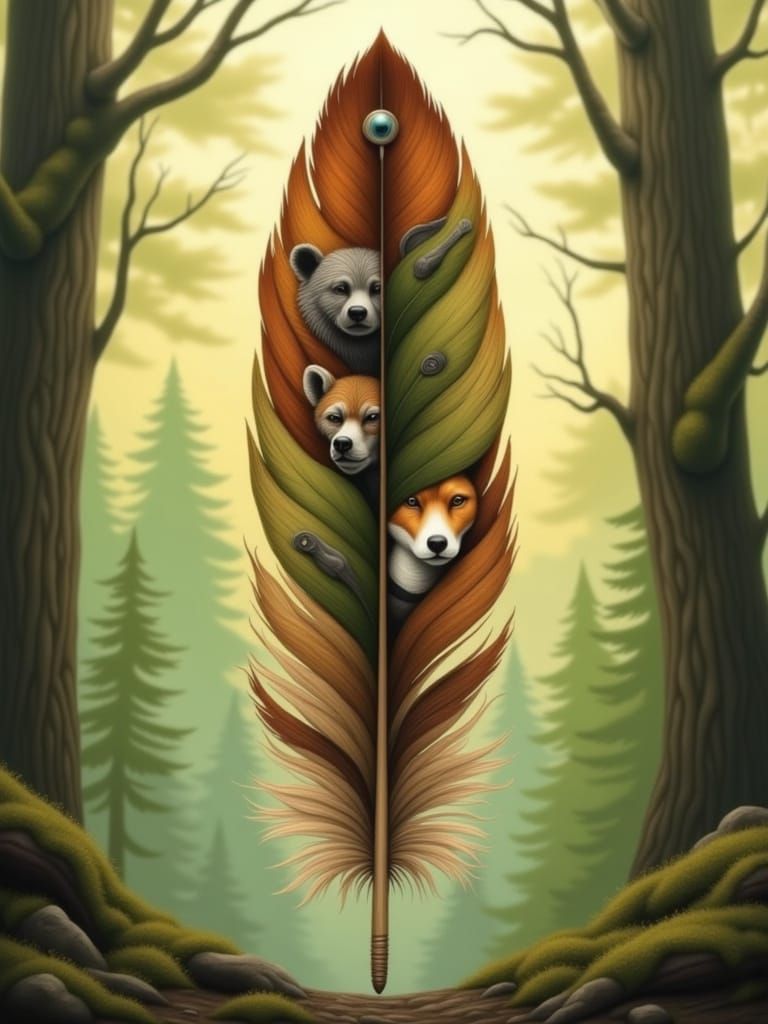 Mystical Feather with Hidden Faces: Mixed Media Art