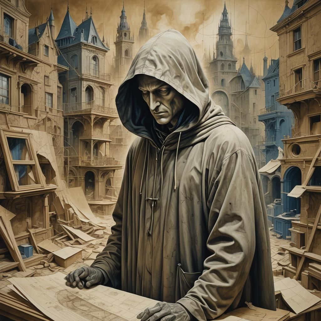 Surreal Hooded Figure Among Architectural Blueprints