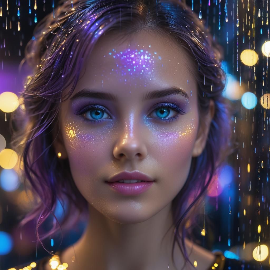 Holographic Woman in Rainy Window: Hyper-Realistic Portrait