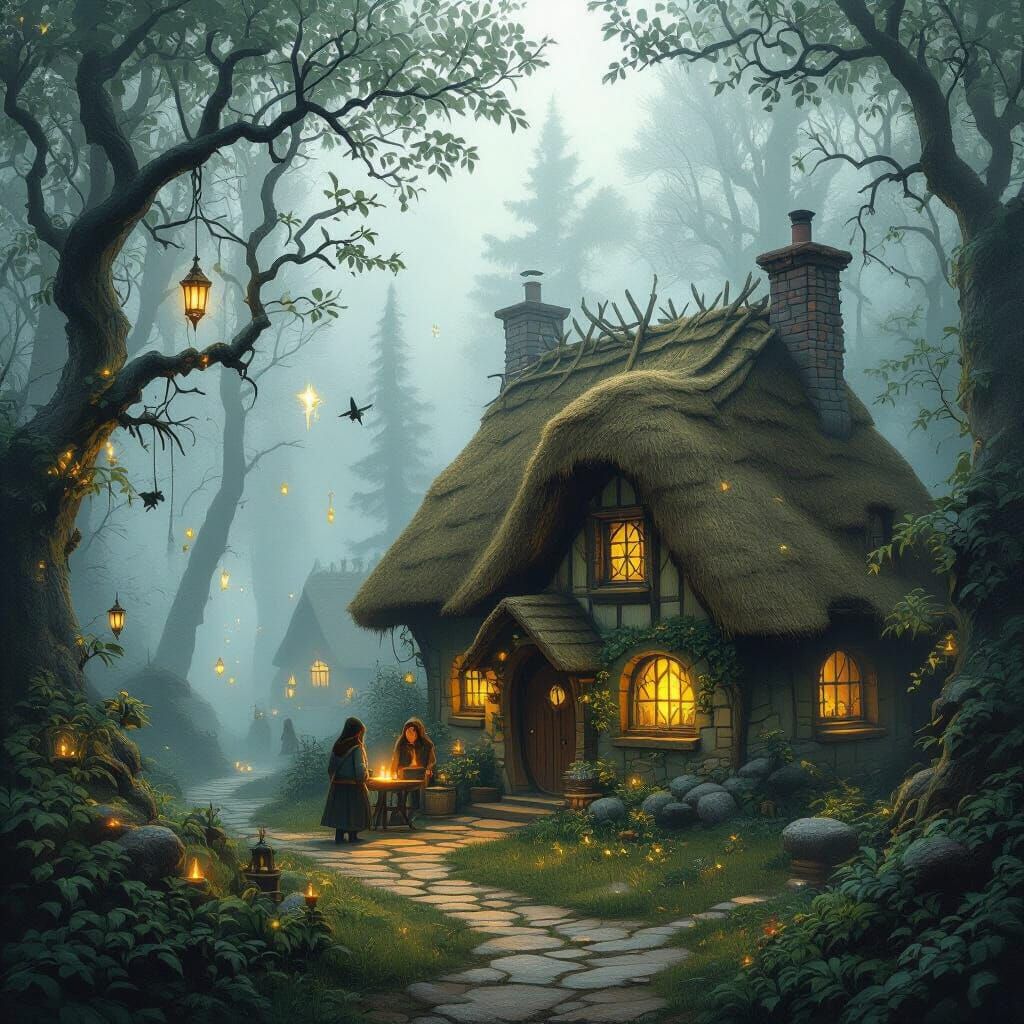 Enchanted Celtic Village in Forest, Art Nouveau Style