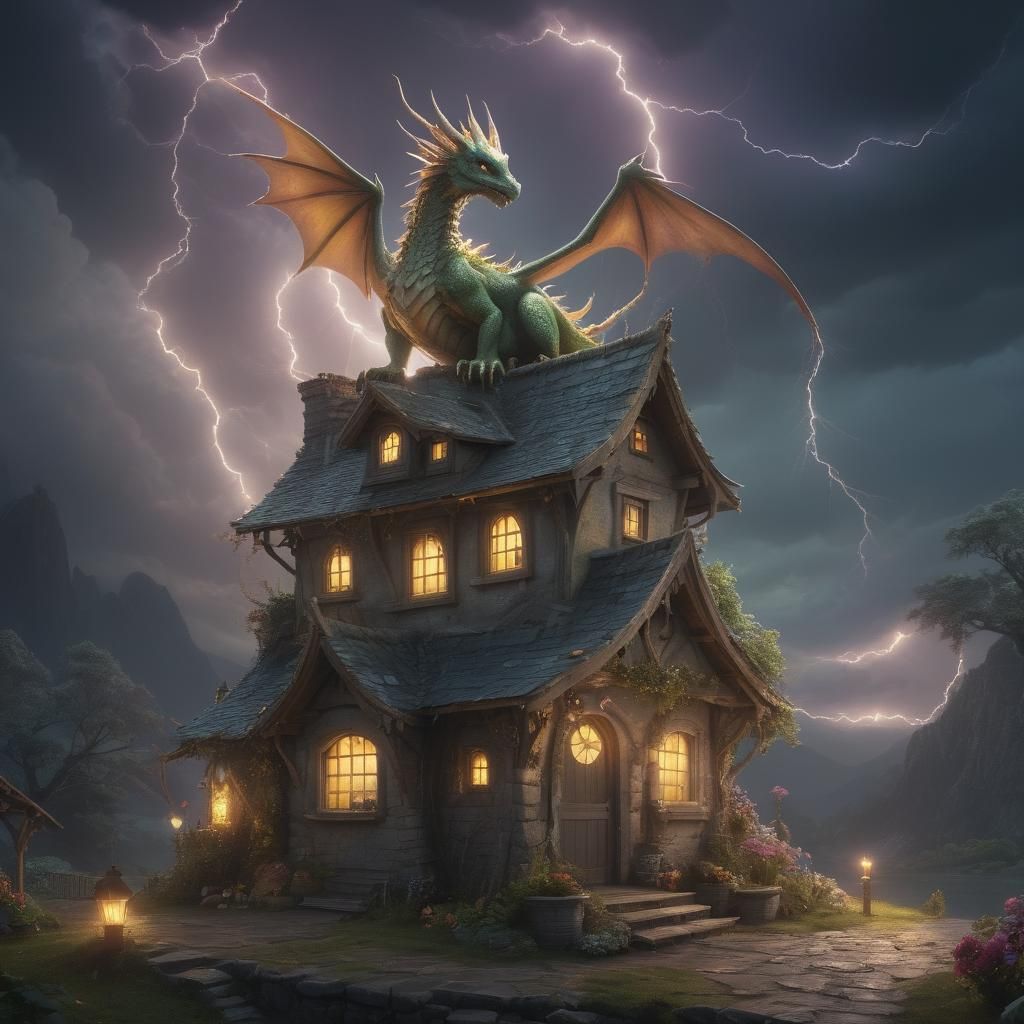 digital matte painting of a fairy dragon hybrid perched atop...