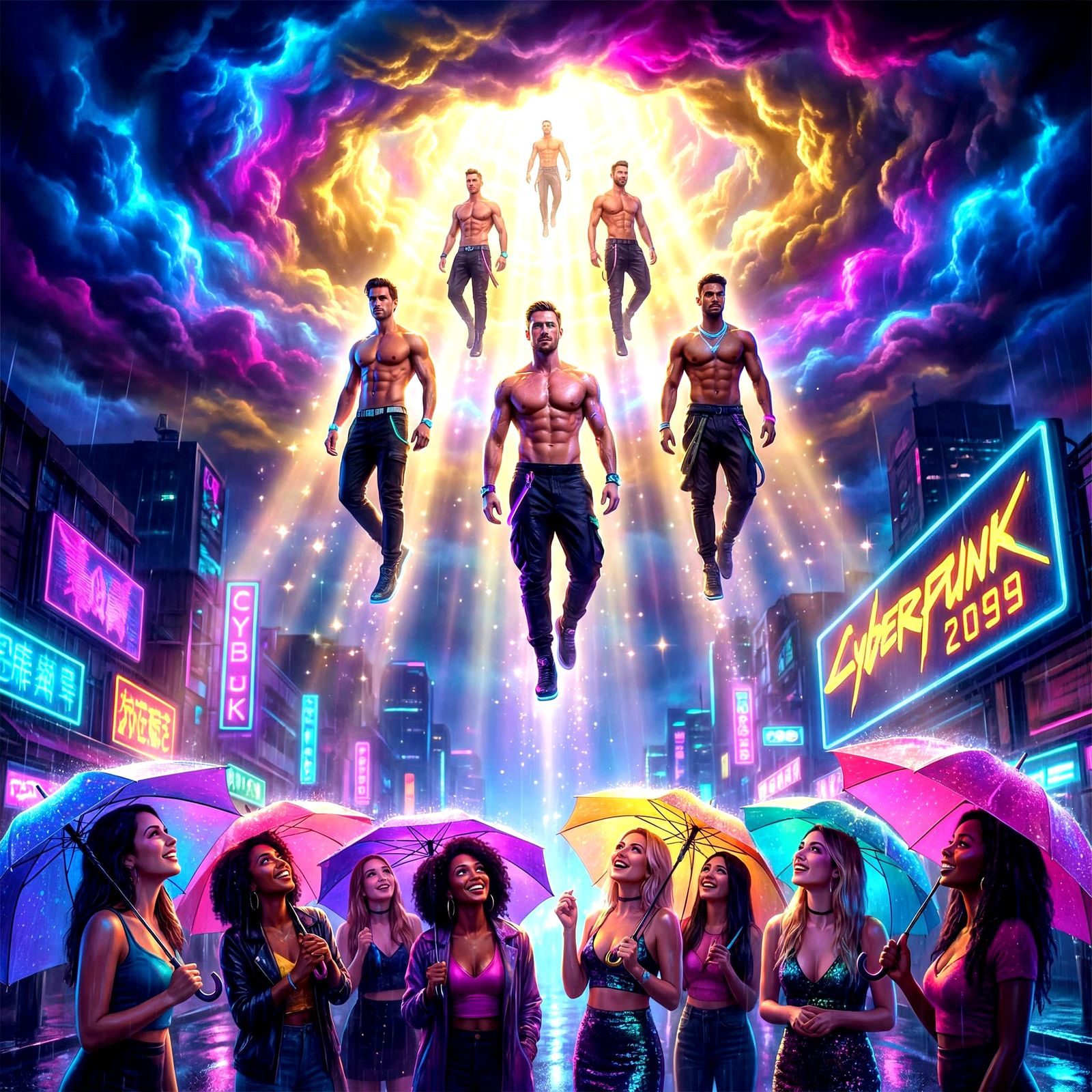 Men Descend from Disco Sky in Cyberpunk City