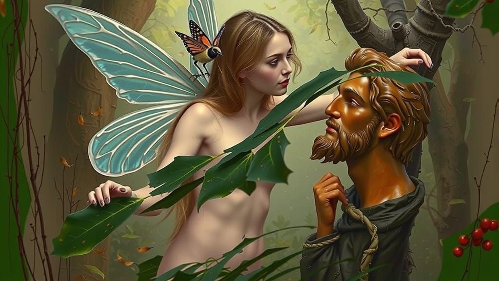 Blond Fairy Woman in Forest with Wooden Man's Head Statue