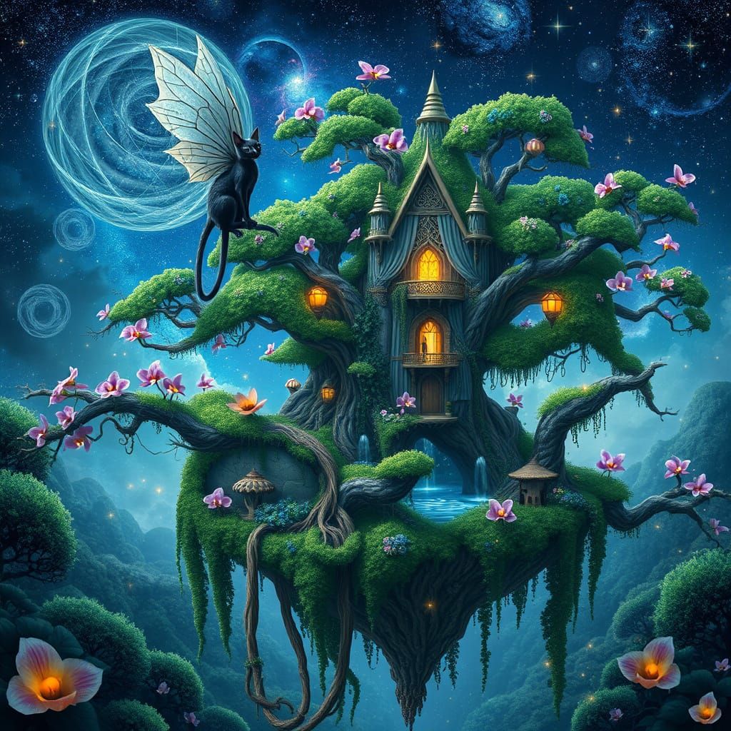 Floating Island Oasis with Cat Fairy in Cosmic Sky