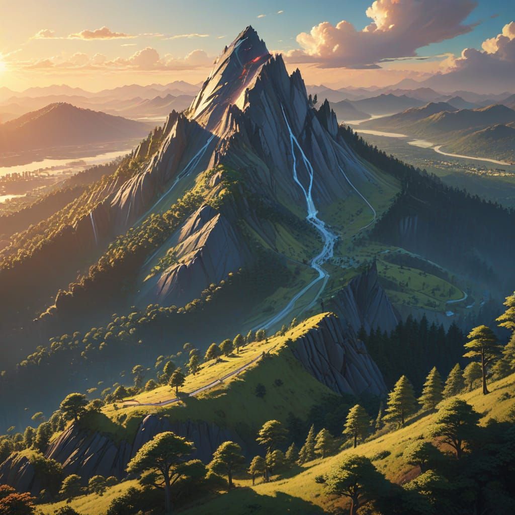 Fantasy Mountain Aerial View in Anime Style