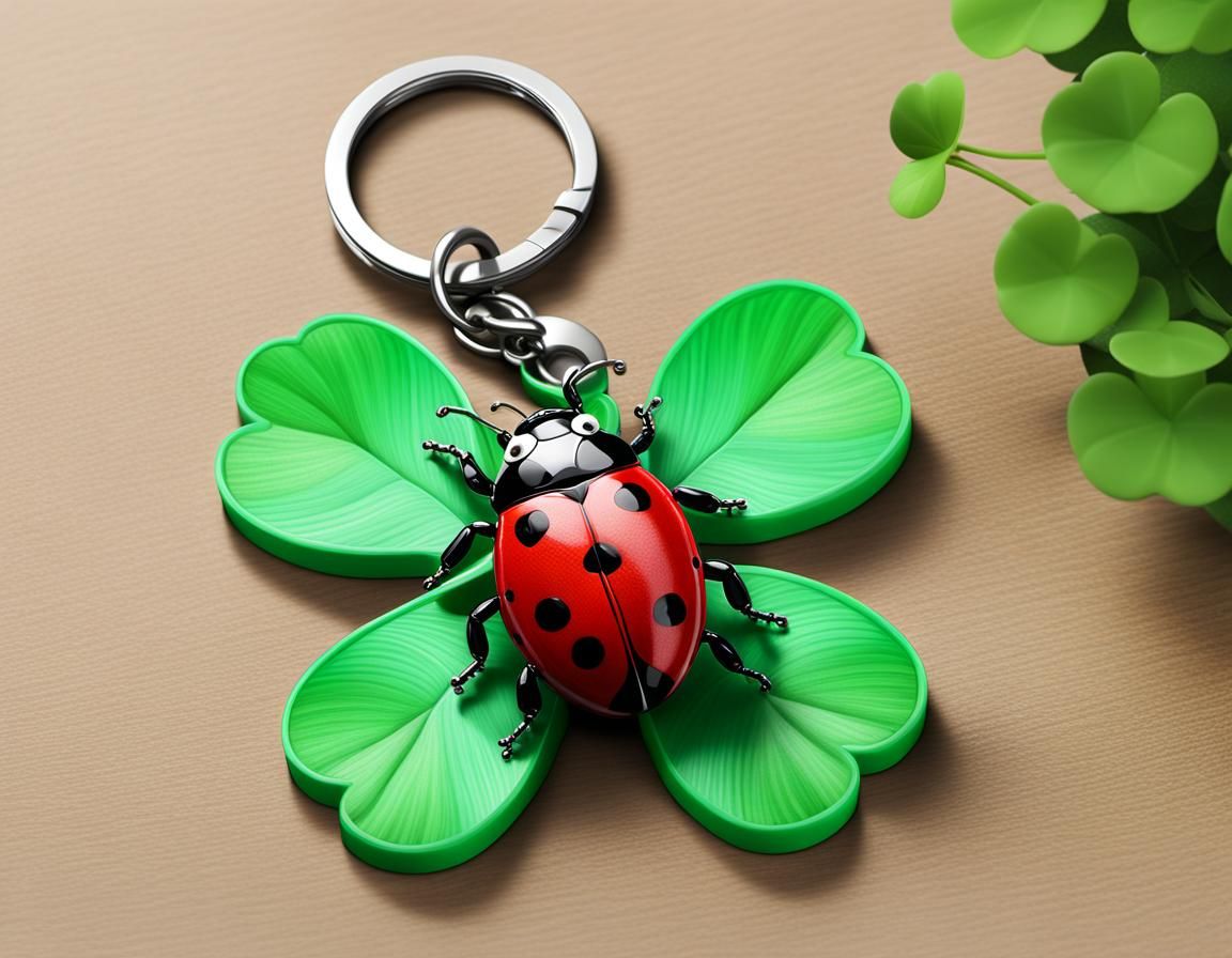 Lucky Keychain, A Ladybug is on a Four-leaf Clover