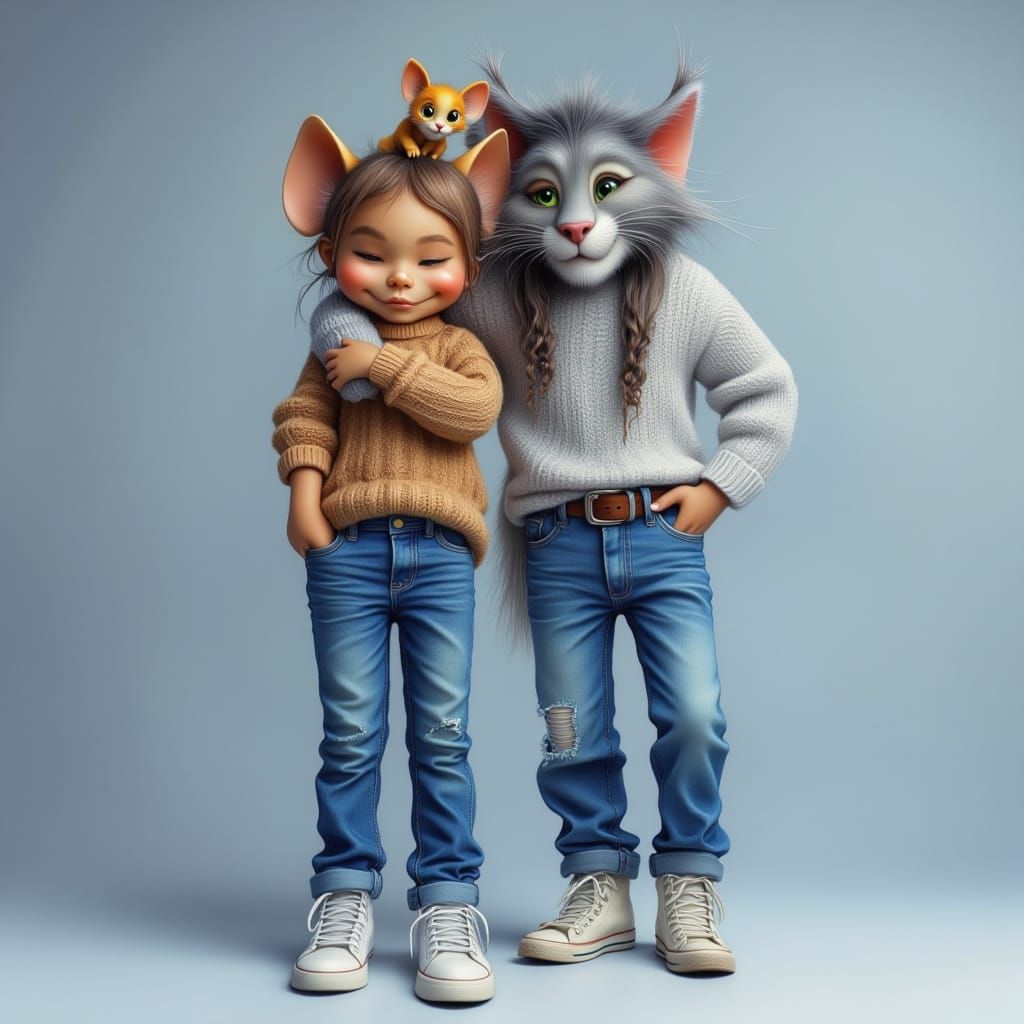 Person Hugs Giant Tom Cat With Jerry On Shoulder