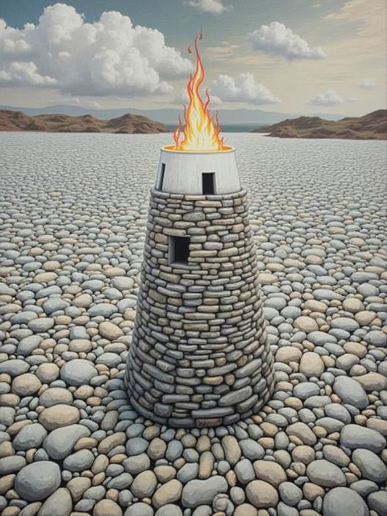 Futuristic Stone Castle Surrounded by Fire, Gouache Style