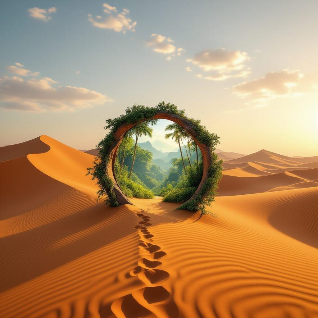 Desert Dunes with Portal to Lush Rainforest