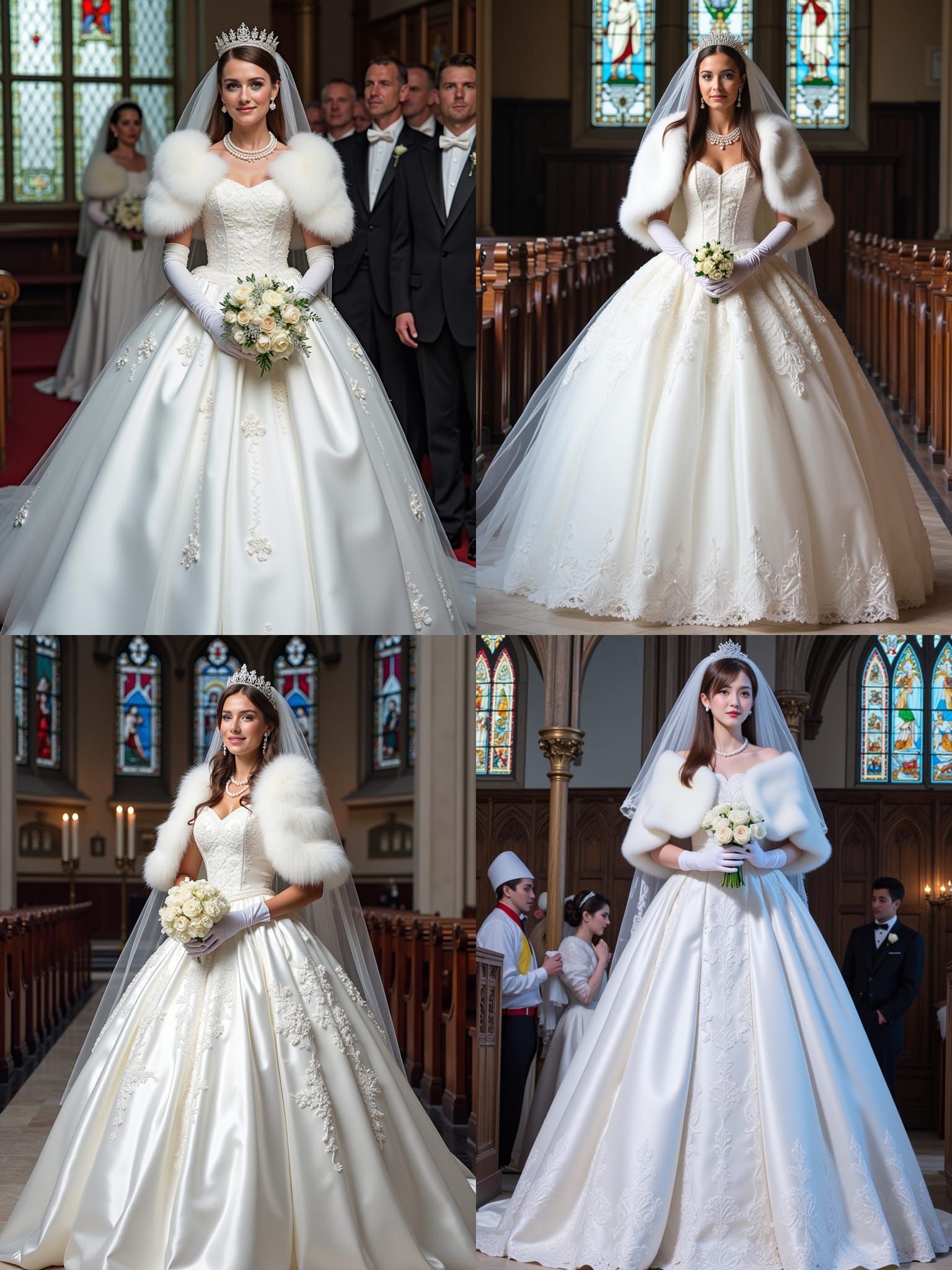 Elegant Bride in White Satin Gown and Lace Veil