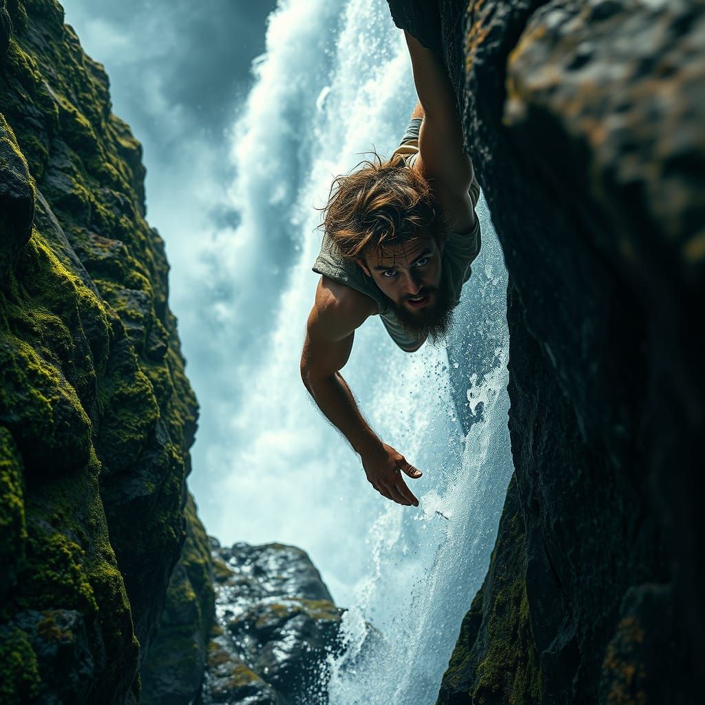 Adventurer Clings to Cliff Face in Textured Realism