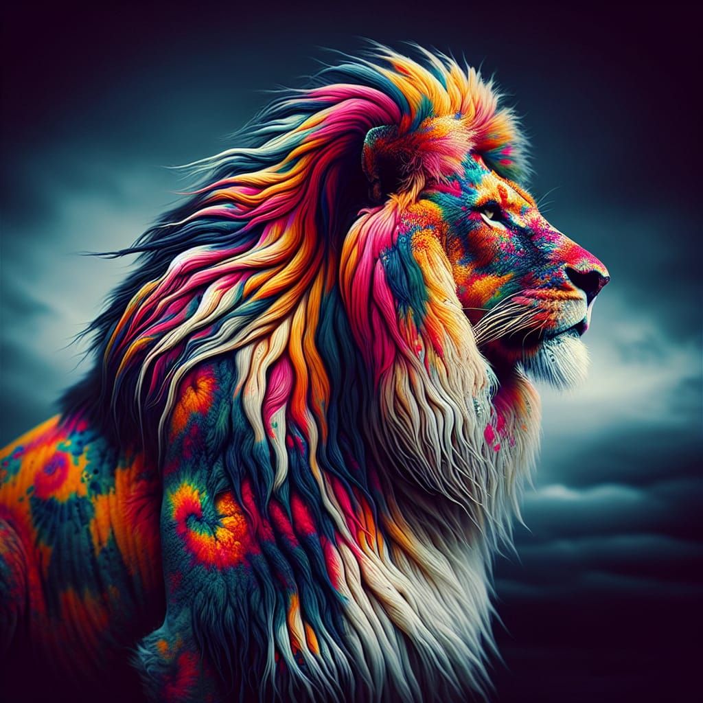 Vibrant Tie-Dye Lion in Cinematic Hyperrealism