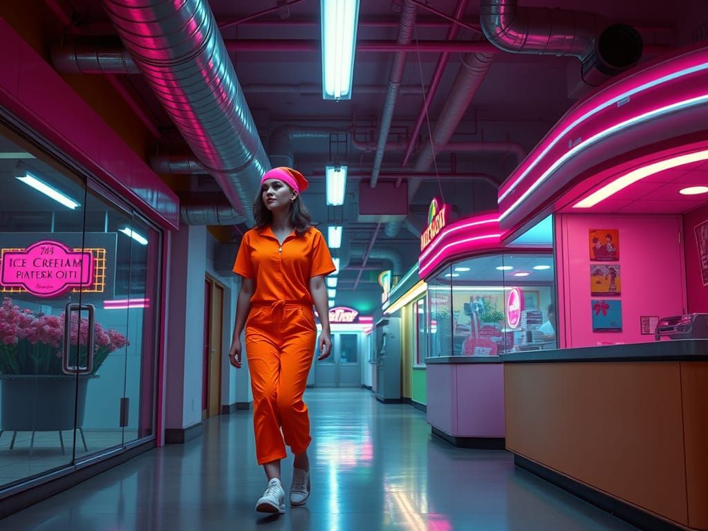 Eerie 80's Mall Scene in Neon-Lit Realism