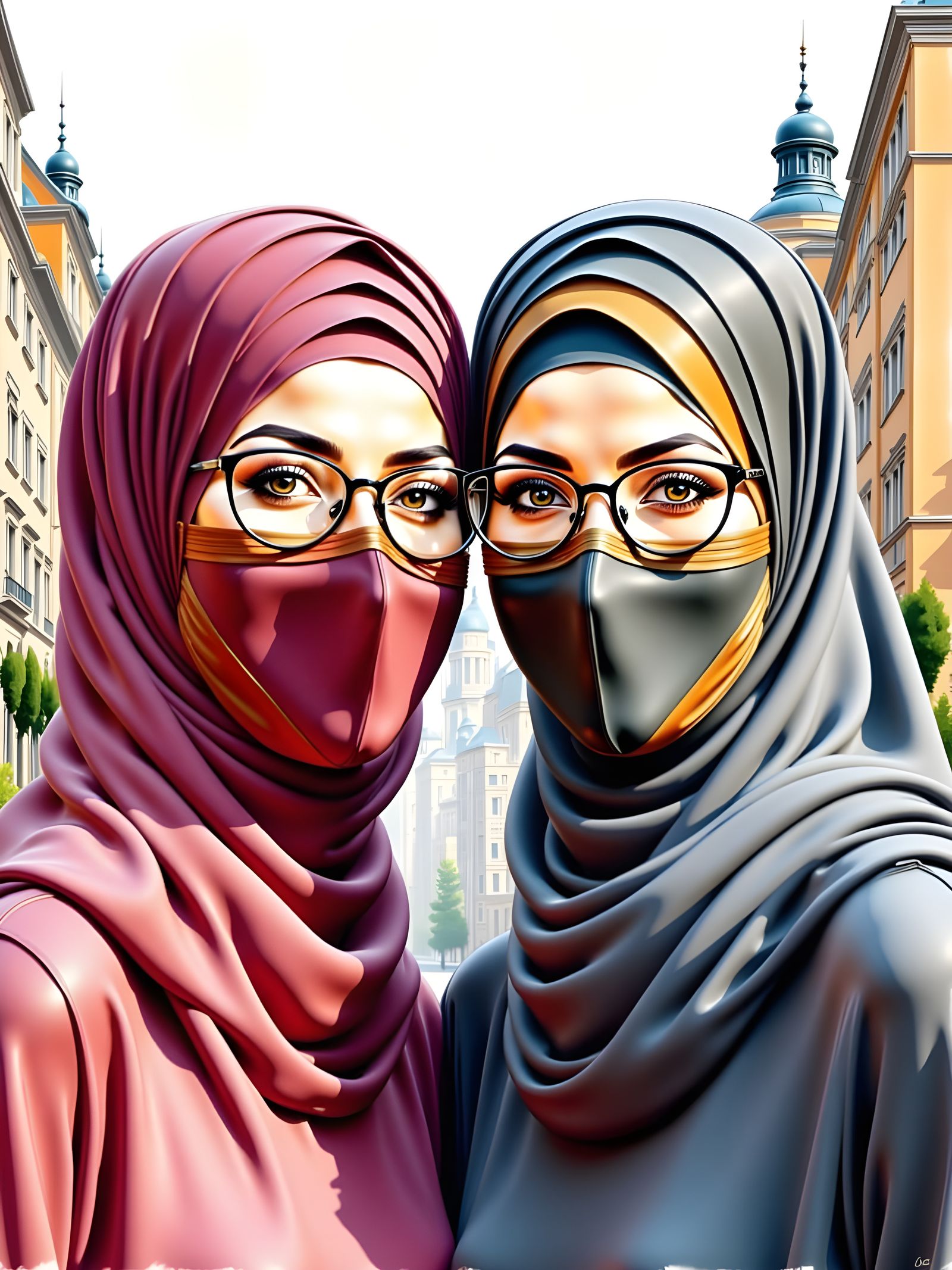 Two Niqabi Women in City, Watercolor Style