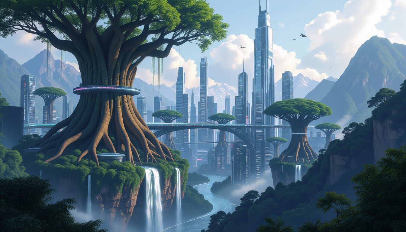 Futuristic City Merged with Ancient Forest, Hyperrealistic