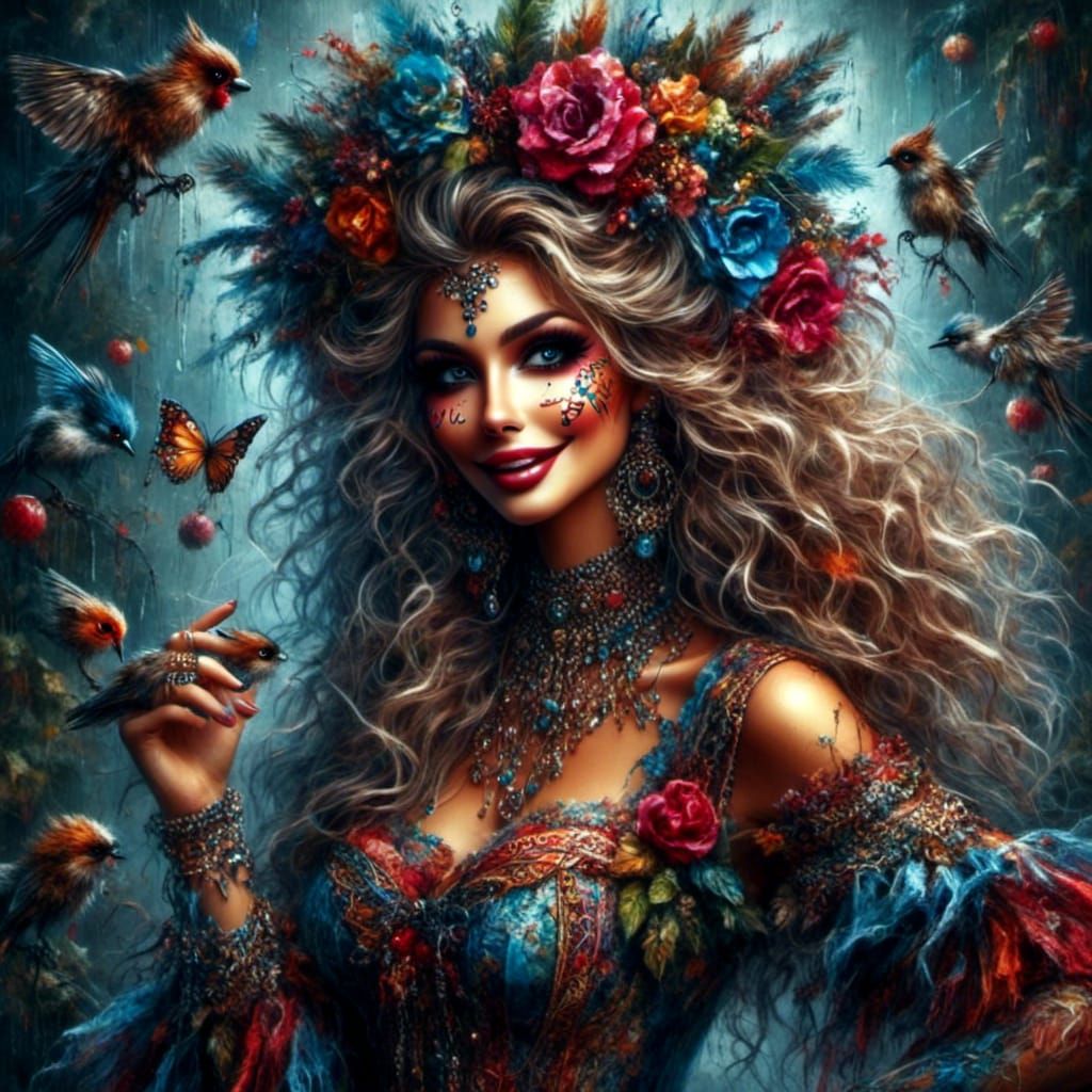 Dancing Lady with Musical Notes in Punk Boho Style