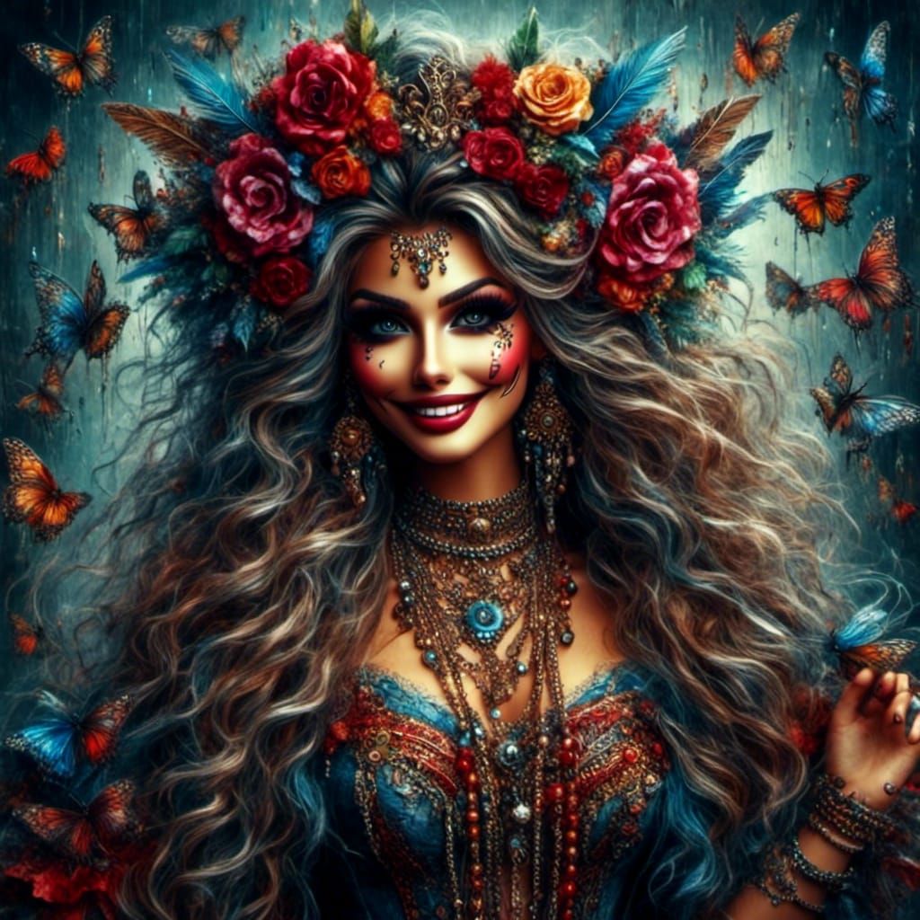 Dancing Lady with Musical Notes in Punk Boho Style