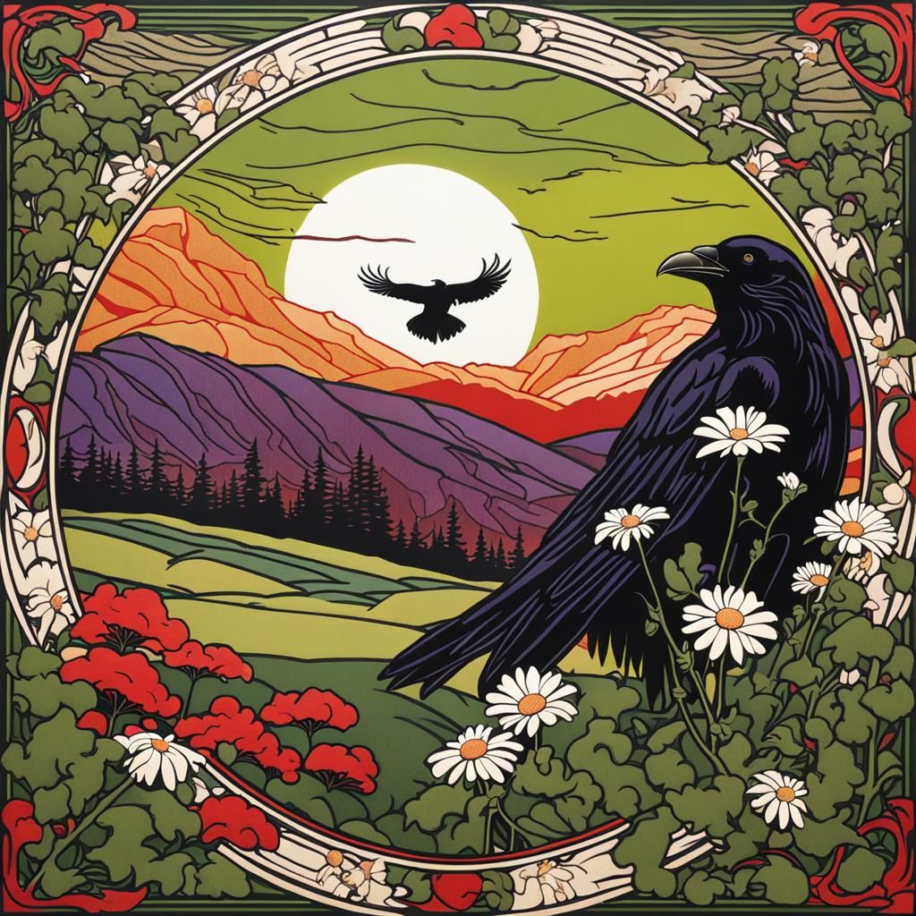 Art Nouveau Woodcut: Crow in Vermont Landscape