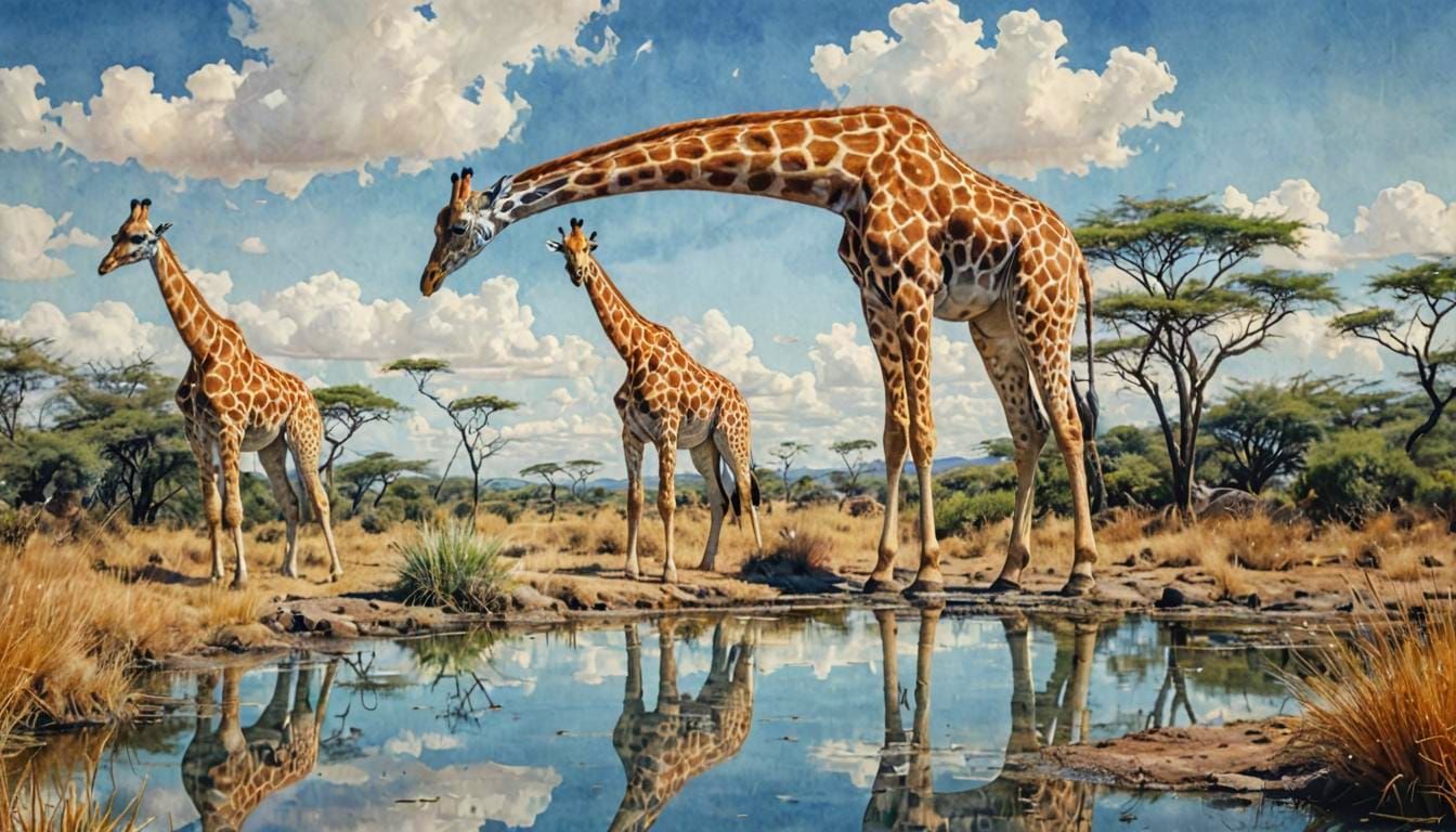 Giraffes in Surreal Shrubland Landscape