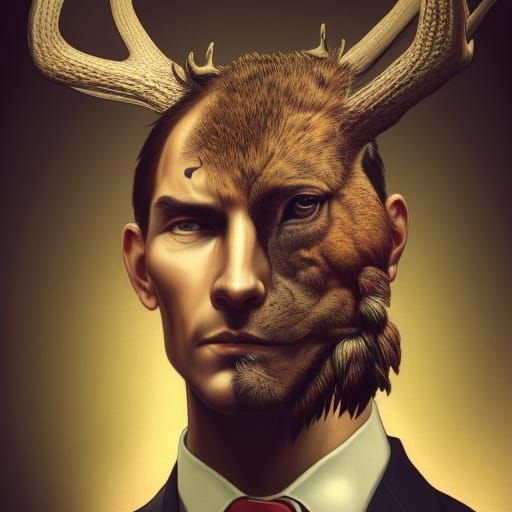 Deer-Headed Man Posing in Suit, Detailed Portrait