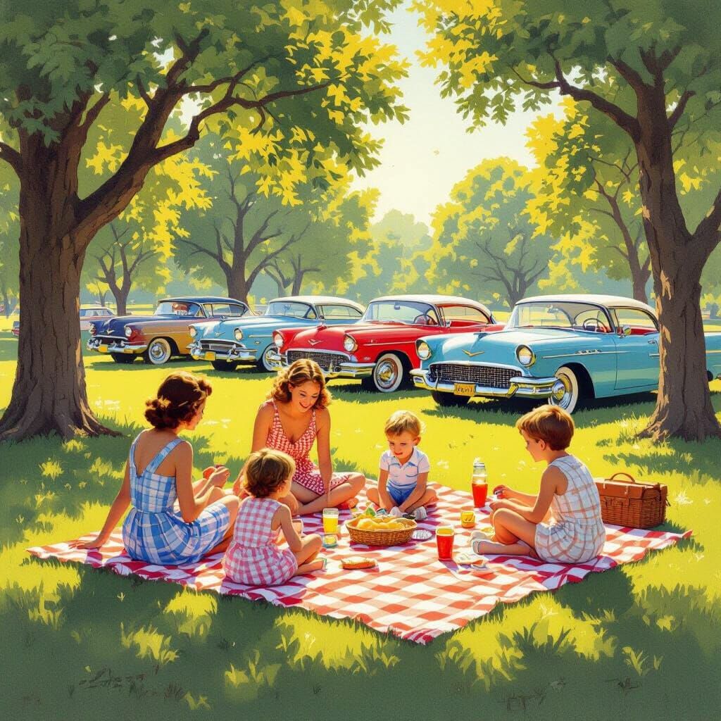 Idyllic Park Scene with Picnics and Classic Cars