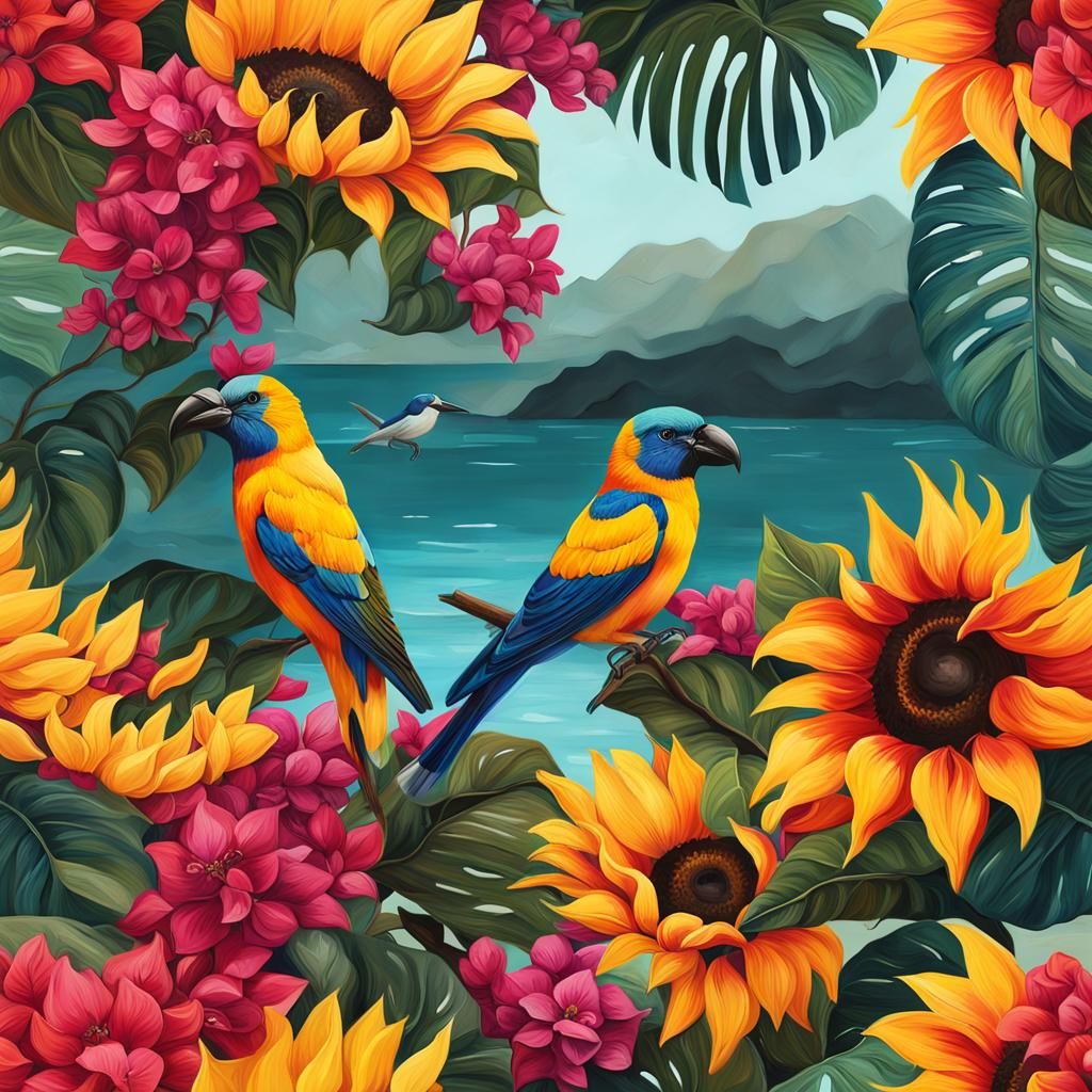 Tropical Beach Scene in Acrylic Painting Style