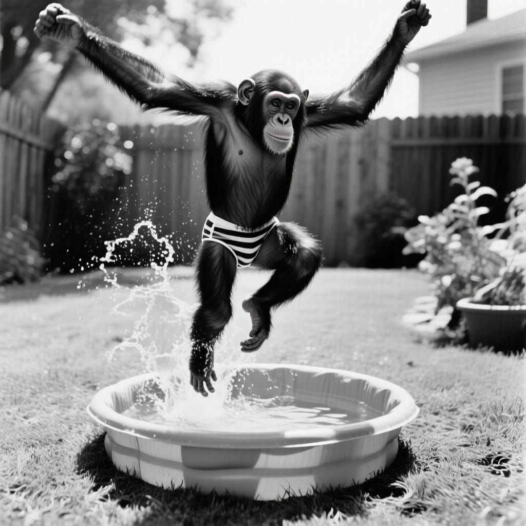 Chimpanzee Splashing in Wading Pool, Film Photography