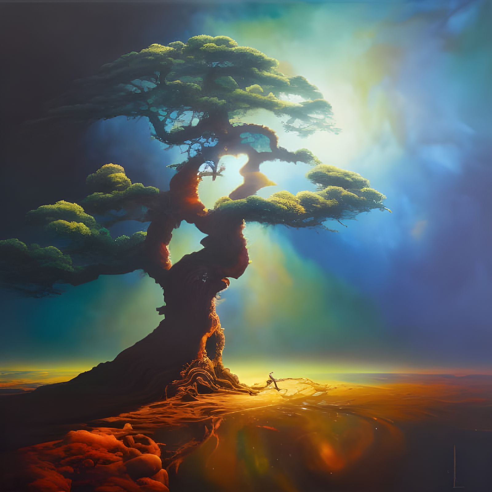 Cosmic Tree in Space: Oil Painting with Metallic Gradient