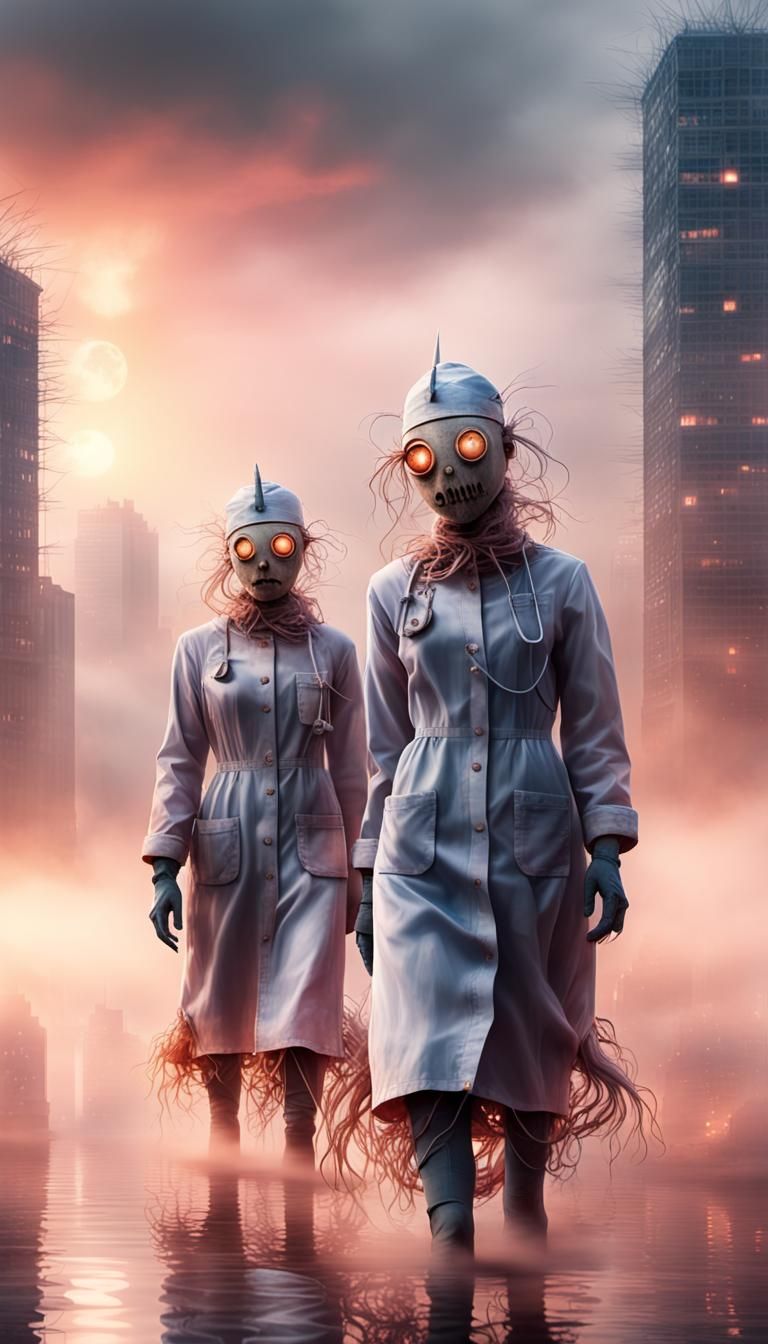 Sinister Nurse Scarecrows in Surreal Field