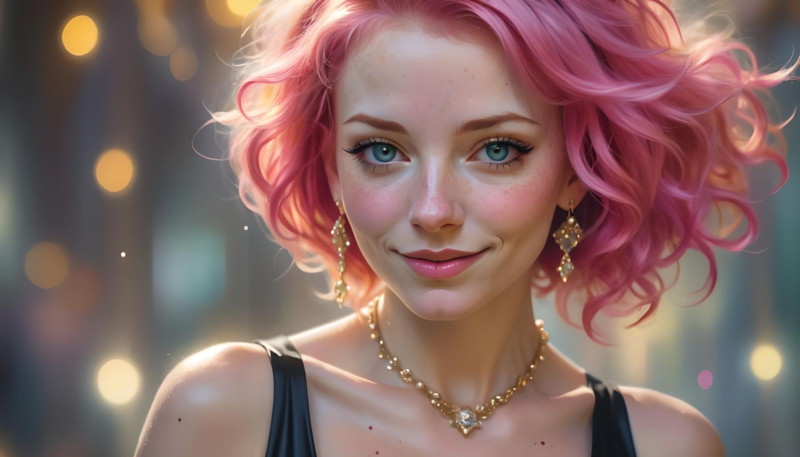 Woman with Pink Hair in Ballroom, Hyperrealism