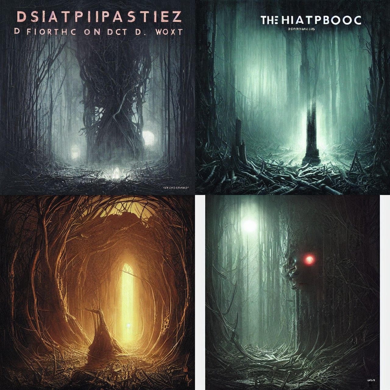 Dystopian Album Cover Art: Forest with Glowing Eyes